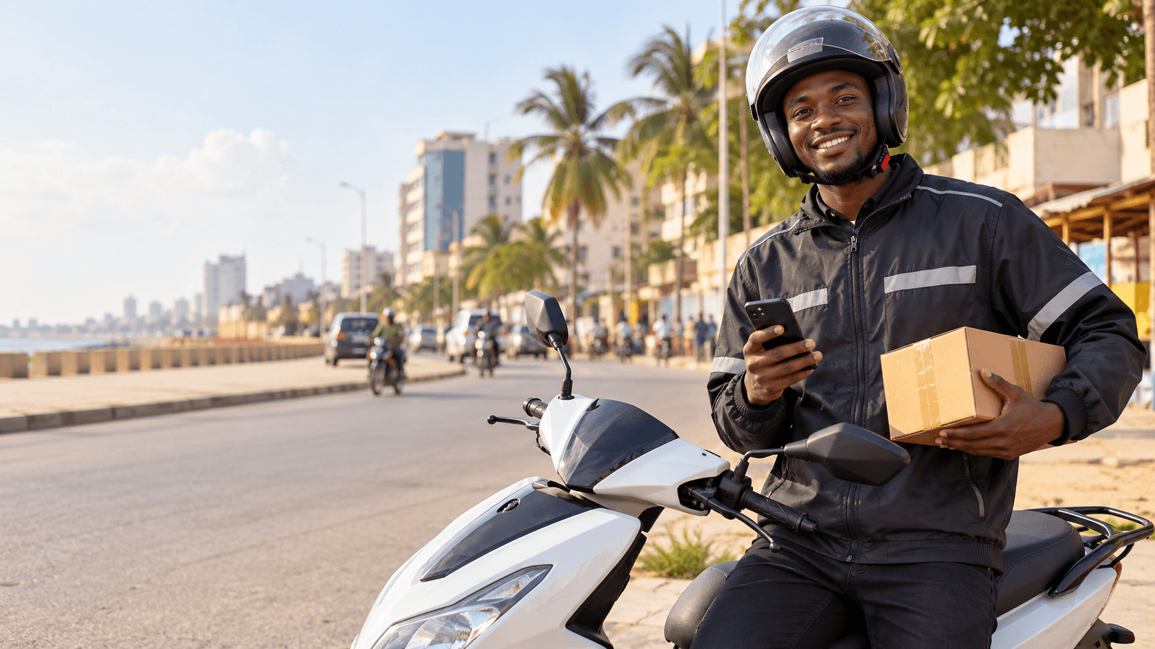 Livreur Ayiba avec un colis, scooter garé en bord de route